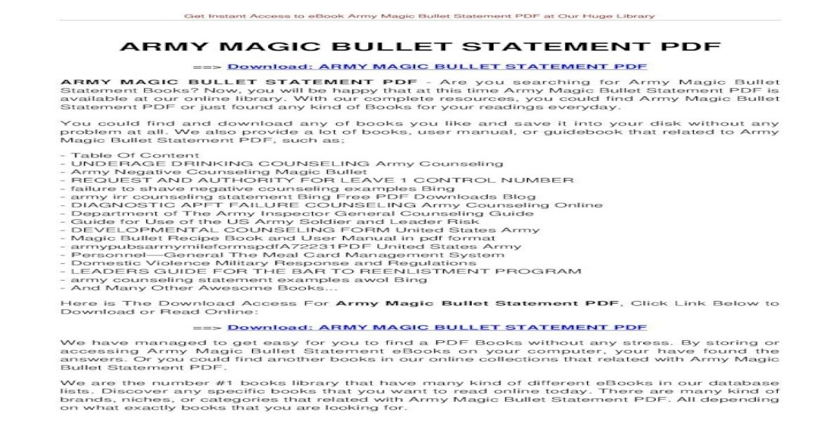 ARMY MAGIC BULLET STATEMENT PDF Instant Access To EBook Army Magic