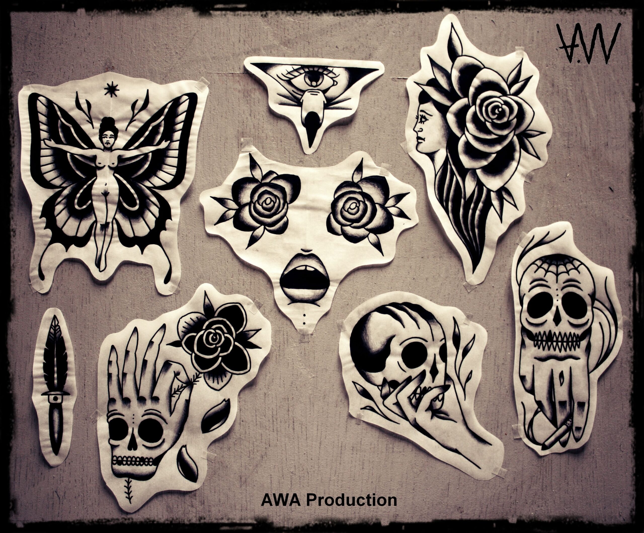 AWA Production Black Traditional Tattoo Flash Black And Grey Tattoos