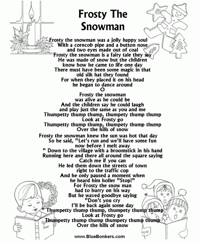 Bible Printables Christmas Songs And Christmas Carol Lyrics FROSTY 