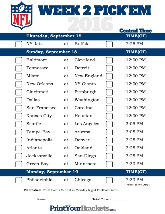 Central Time Week 2 NFL Schedule 2016 Printable
