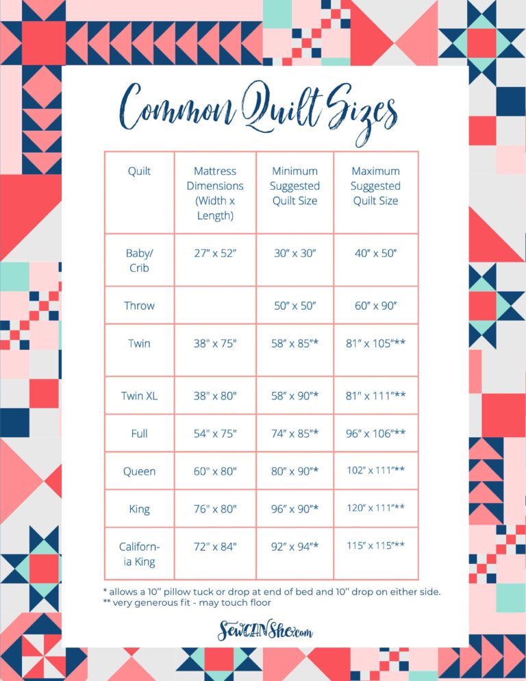 Common Or Standard Quilt Sizes A Resource And Free Printable 