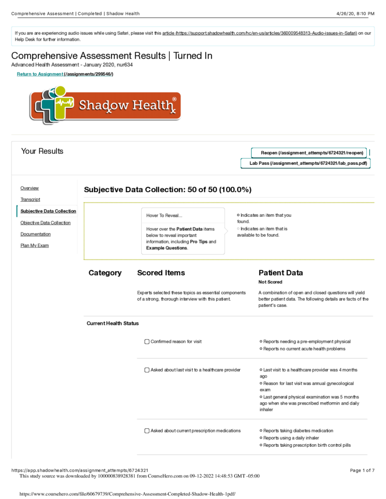 Comprehensive Assessment Completed Shadow Health