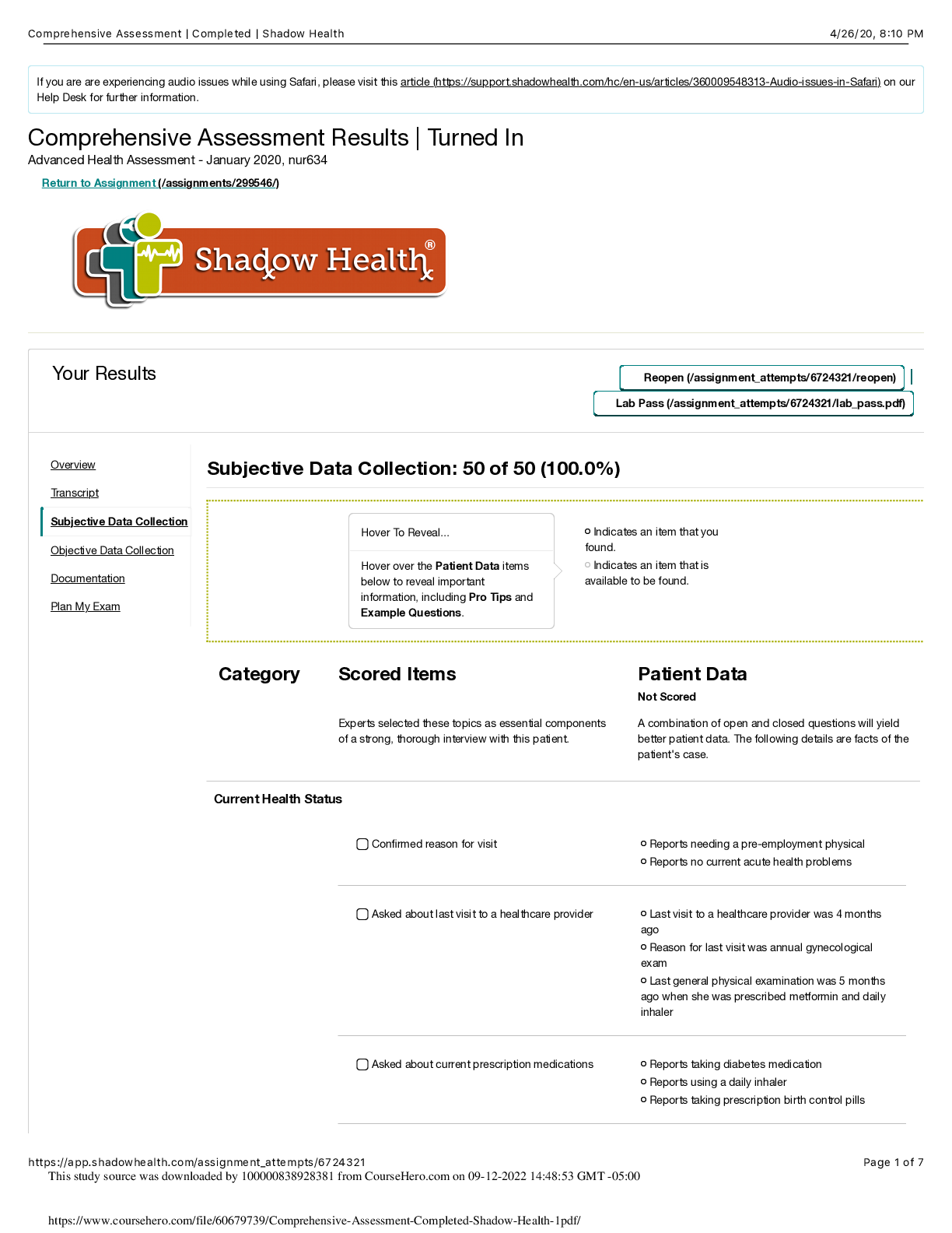 Comprehensive Assessment Completed Shadow Health