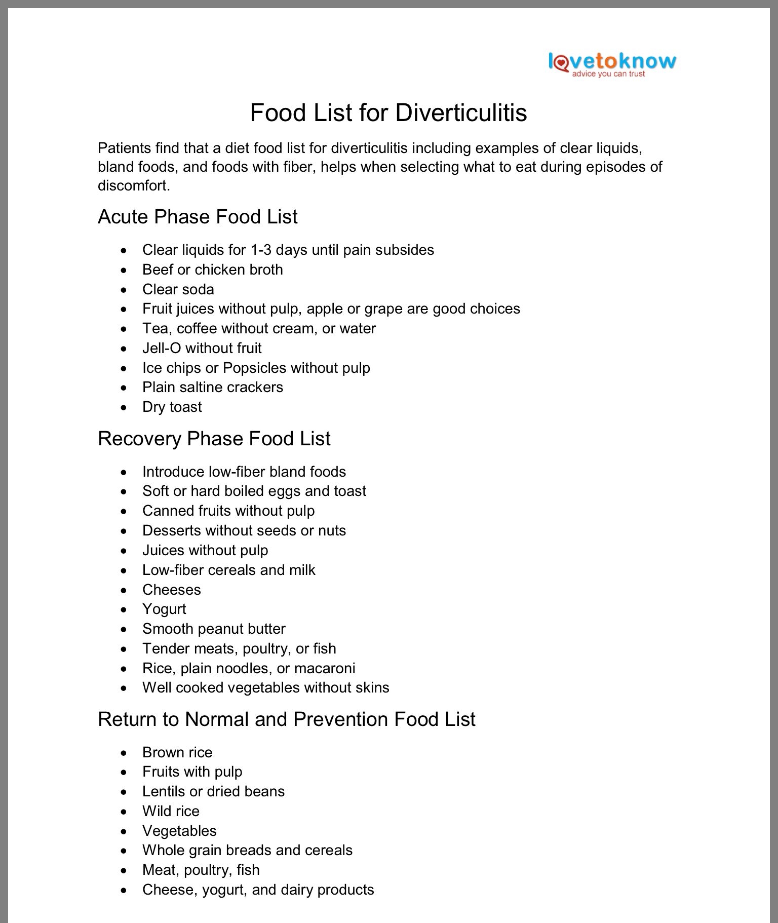 Diverticulosis Diet Lists