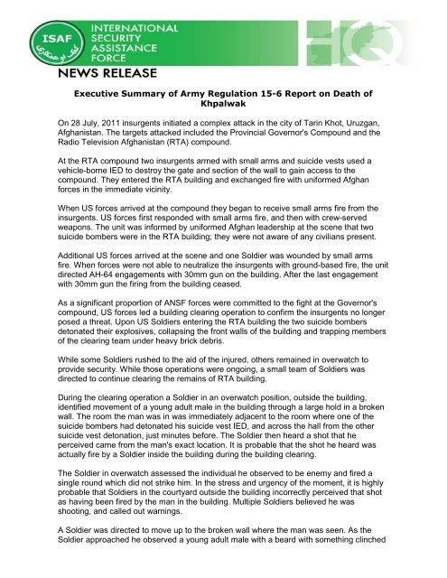 Executive Summary Of Army Regulation 15 6 Report On Isaf Nato