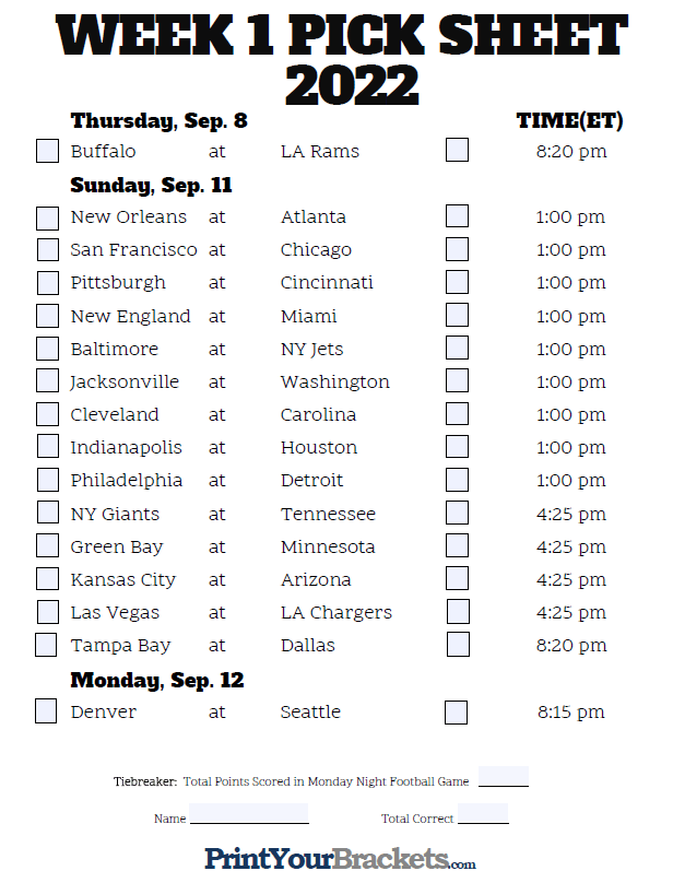 Fillable Week 1 NFL Pick em Sheet 2022