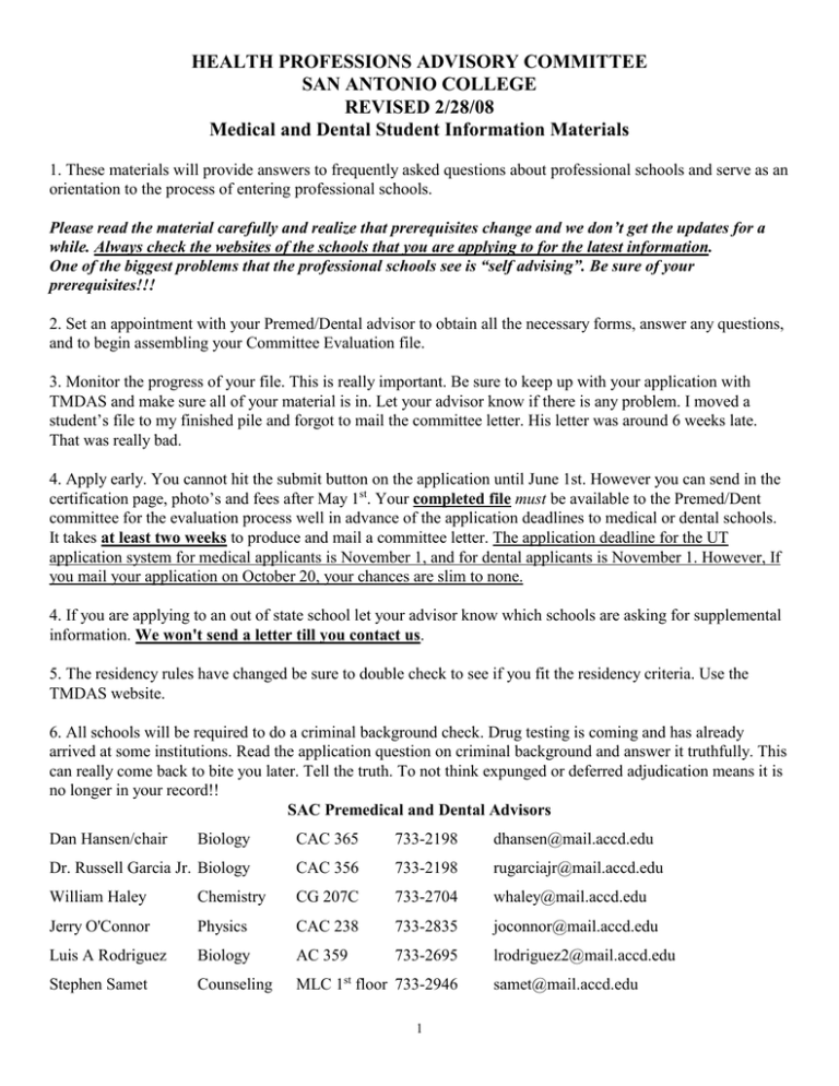 HEALTH PROFESSIONS ADVISORY COMMITTEE SAN ANTONIO COLLEGE REVISED 2 28 08