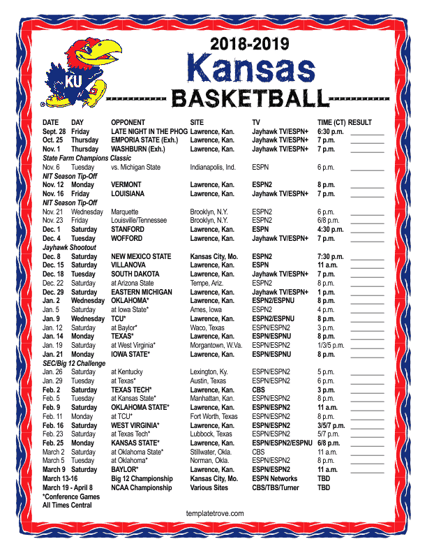 Ku Basketball Schedule 2021 20 Printable Printable Schedule