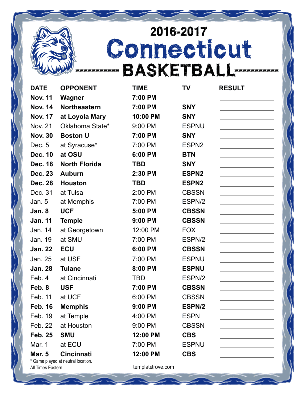 Printable 2016 2017 UConn Huskies Basketball Schedule