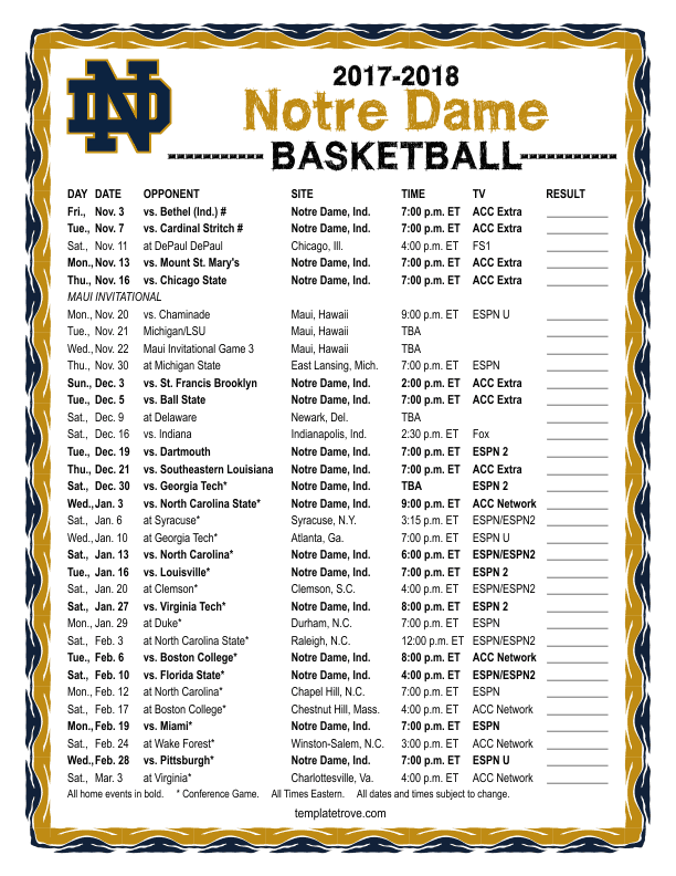 Printable 2017 2018 Notre Dame Fighting Irish Basketball Schedule