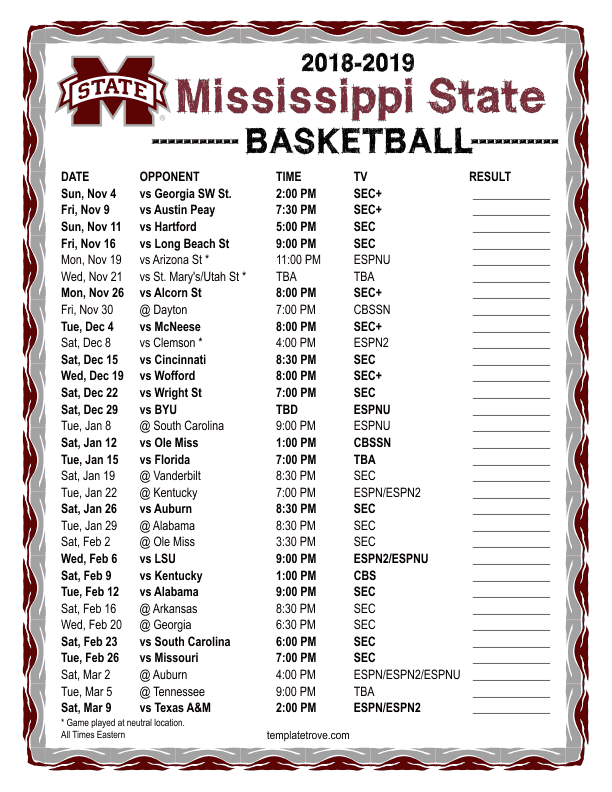 Printable 2018 2019 Mississippi State Bulldgos Basketball Schedule