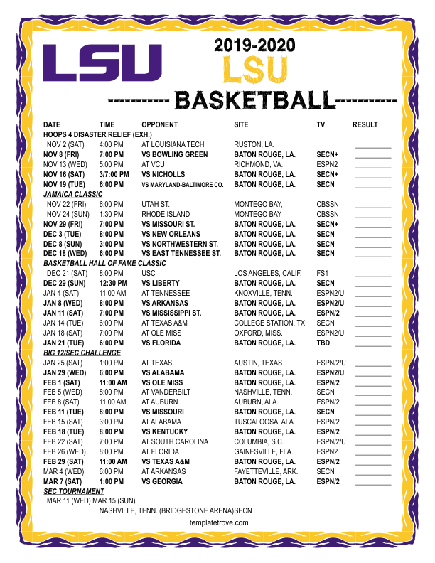 Printable 2019 2020 LSU Tigers Basketball Schedule