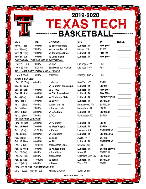 Printable 2019 2020 Texas Tech Red Raiders Basketball Schedule