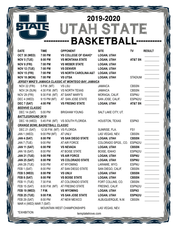 Printable 2019 2020 Utah State Aggies Basketball Schedule