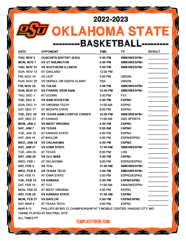 Printable 2022 2023 Oklahoma State Cowboys Basketball Schedule