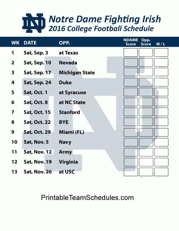 Printable Notre Dame Football Schedule