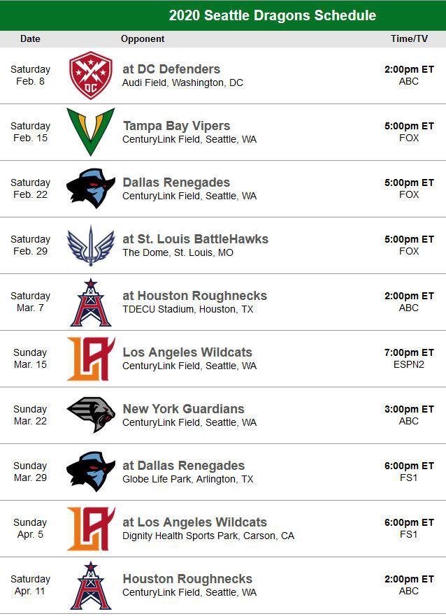 Seattle Dragons Schedule With TV Listing Print And Put On The Fridge 