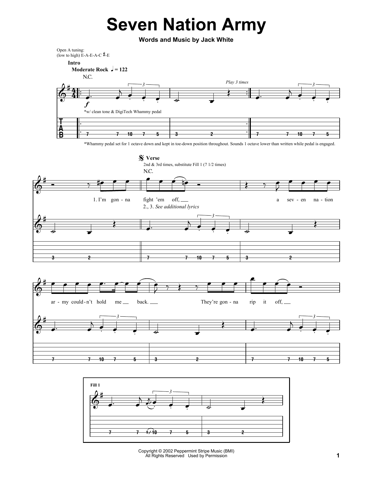 Seven Nation Army Sheet Music White Stripes Guitar Tab Single Guitar