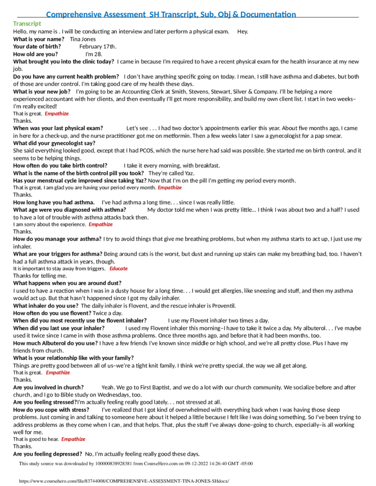 SHADOW HEALTH COMPREHENSIVE ASSESSMENT FOR TINA JONES