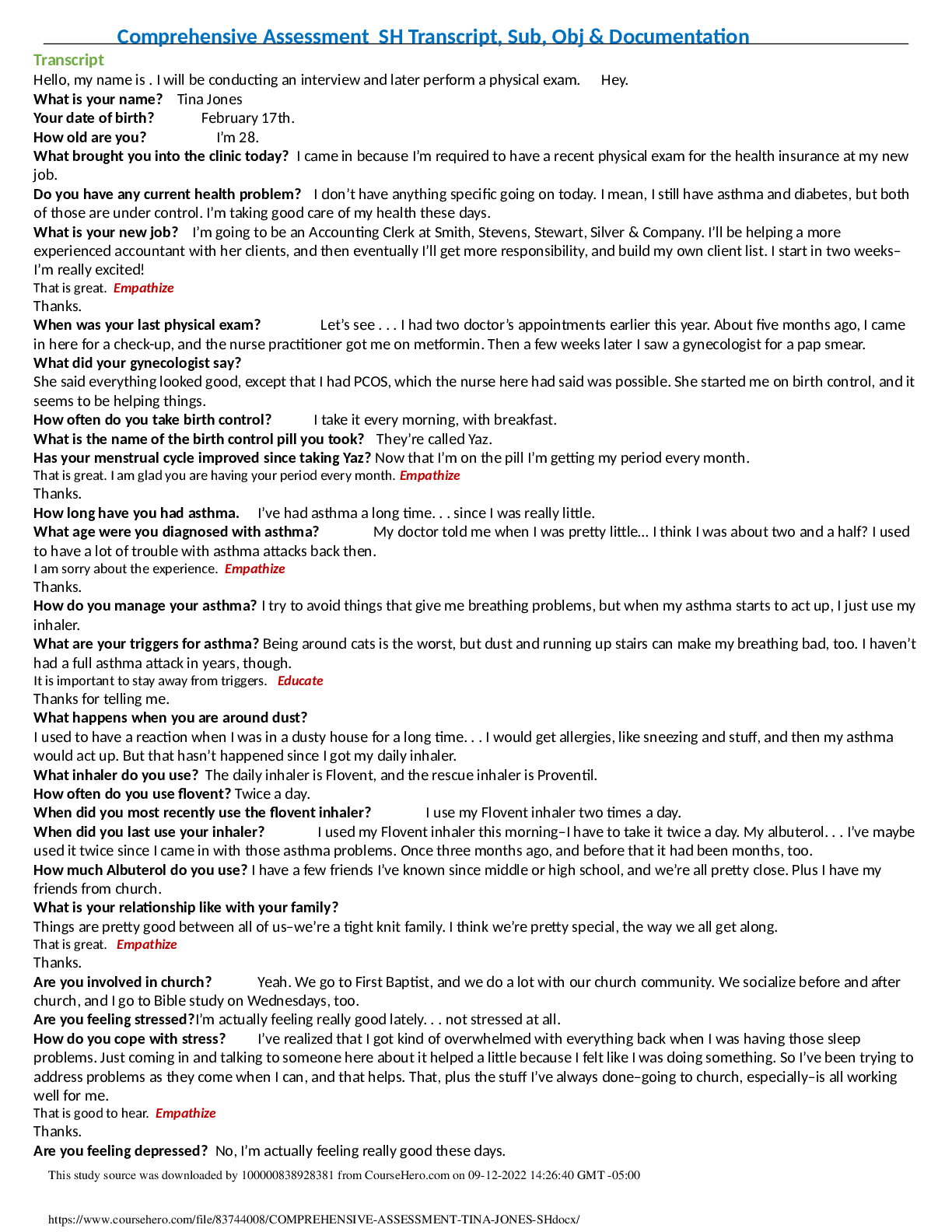SHADOW HEALTH COMPREHENSIVE ASSESSMENT FOR TINA JONES