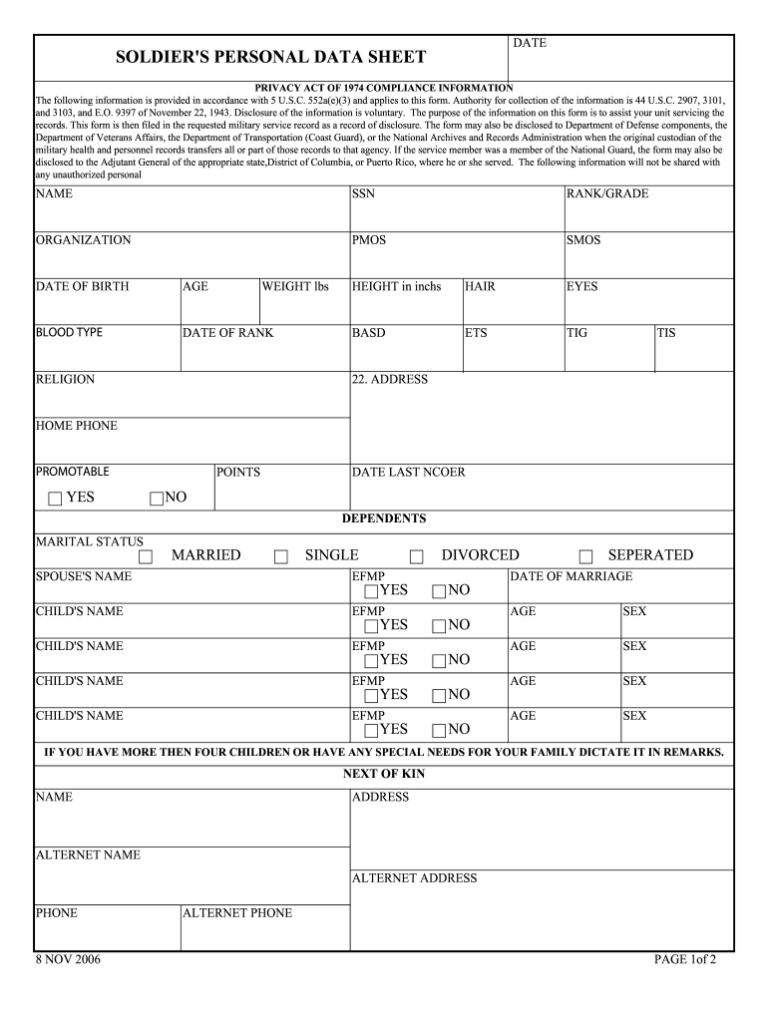 Soldier Personal Data Sheet Fill Online Printable Fillable Blank 