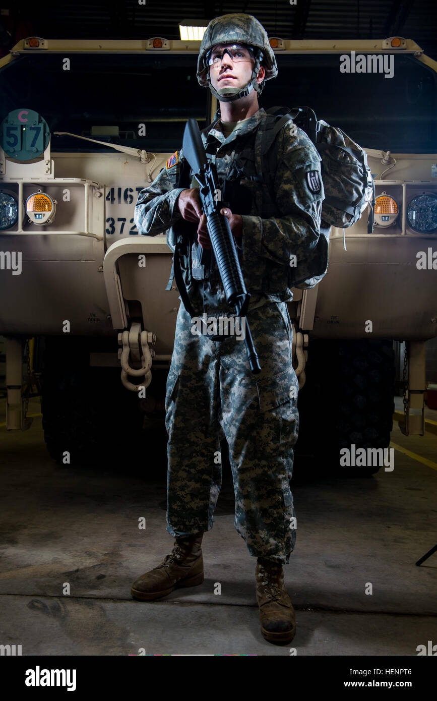 U S Army Spc Kevin Thomas With The 863rd Engineer Battalion Poses