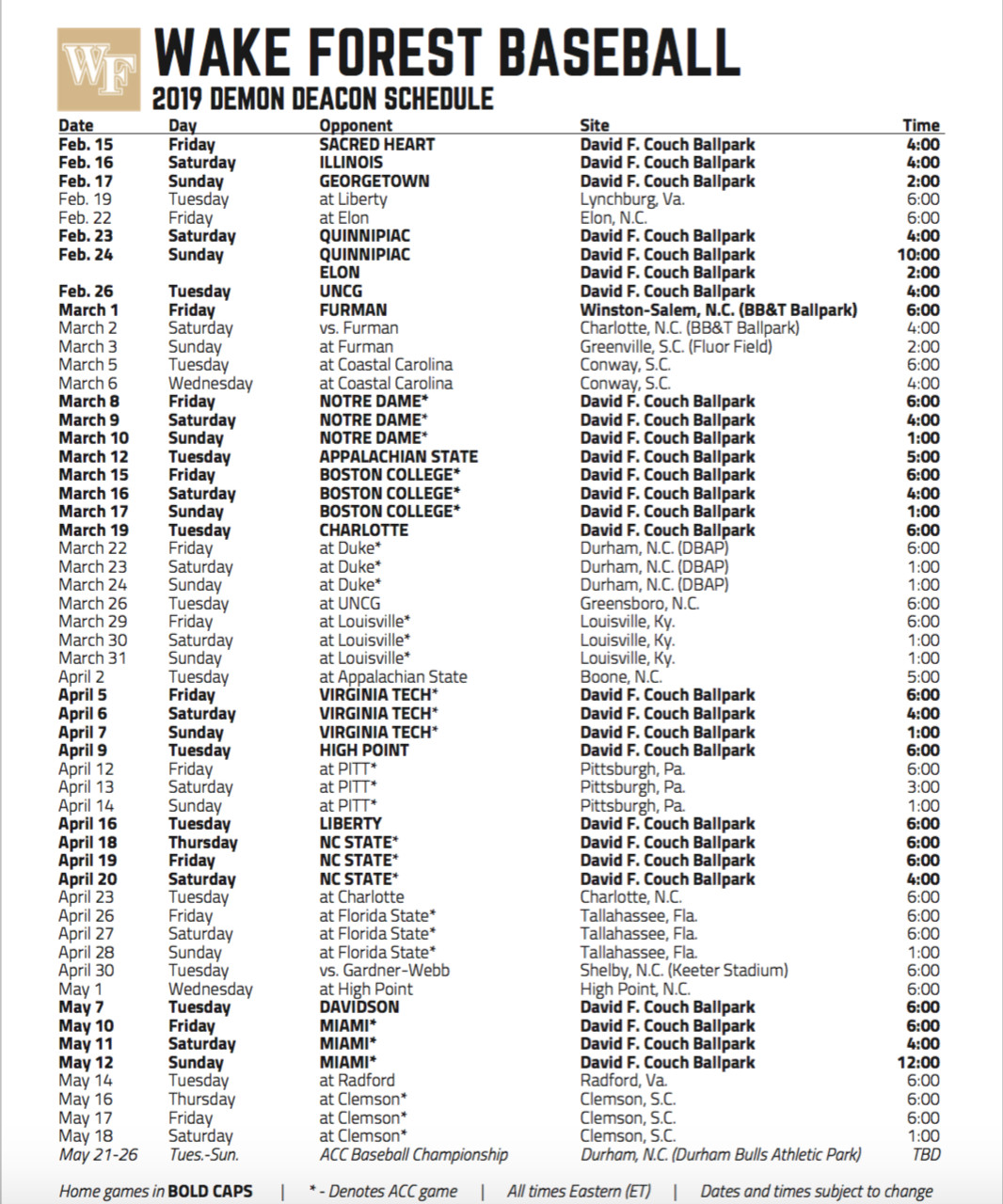 Wake Forest Baseball 2019 Non Conference Schedule Blogger So Dear